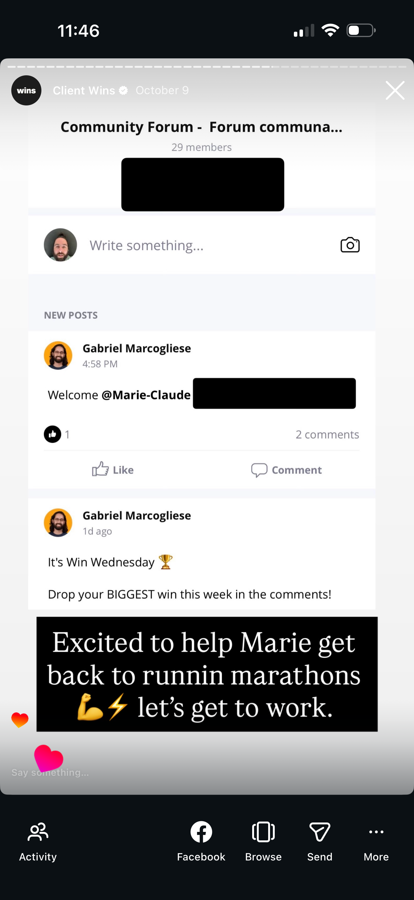 Screenshot of a Facebook community forum titled 'Community Forum - Forum communa...' with a post welcoming Marie-Claude, and a message from Gabriel Marcogliese about winning and encouraging others to share their biggest wins for Win Wednesday, with e