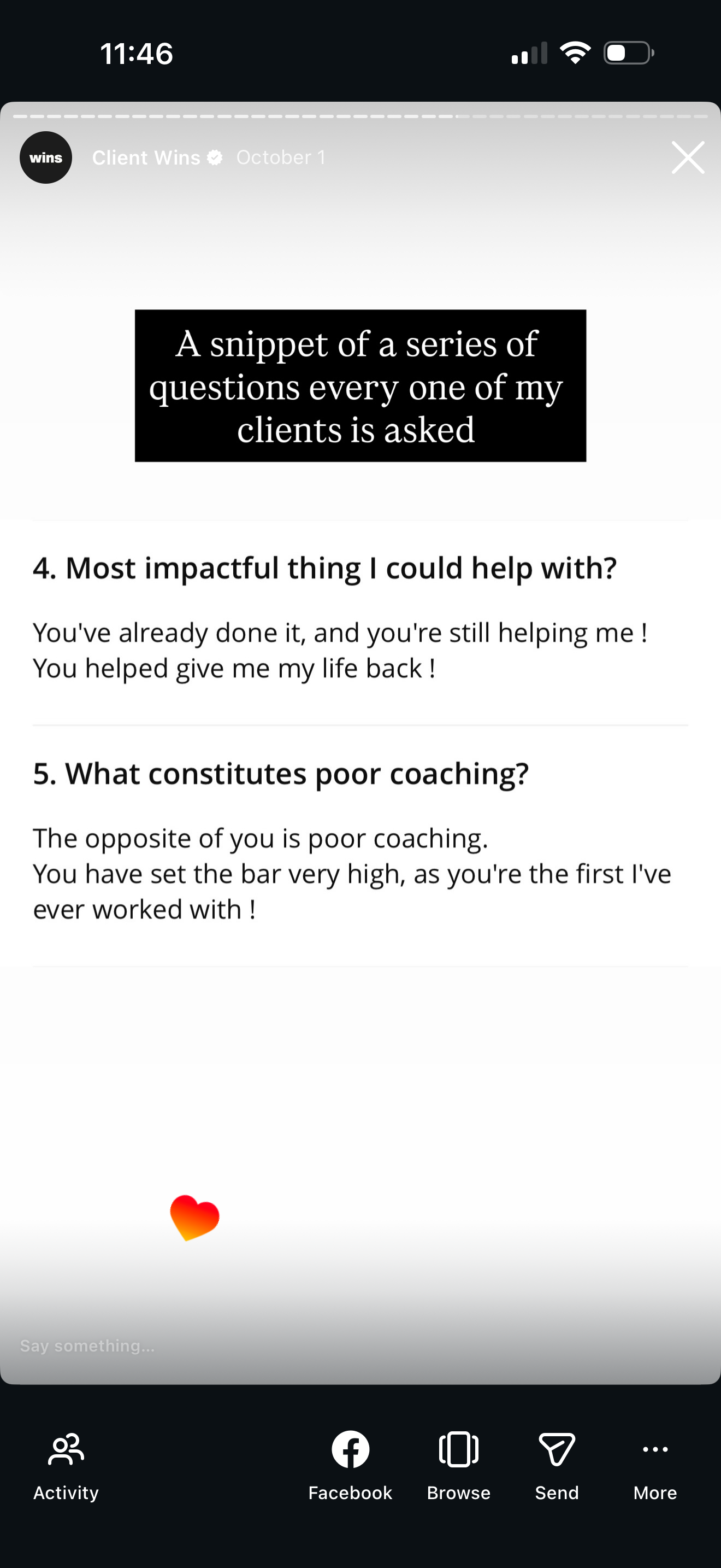 Screenshot of a social media post titled 'A snippet of a series of questions every one of my clients is asked,' with two questions and responses about coaching, accompanied by a red and yellow heart emoji at the bottom.