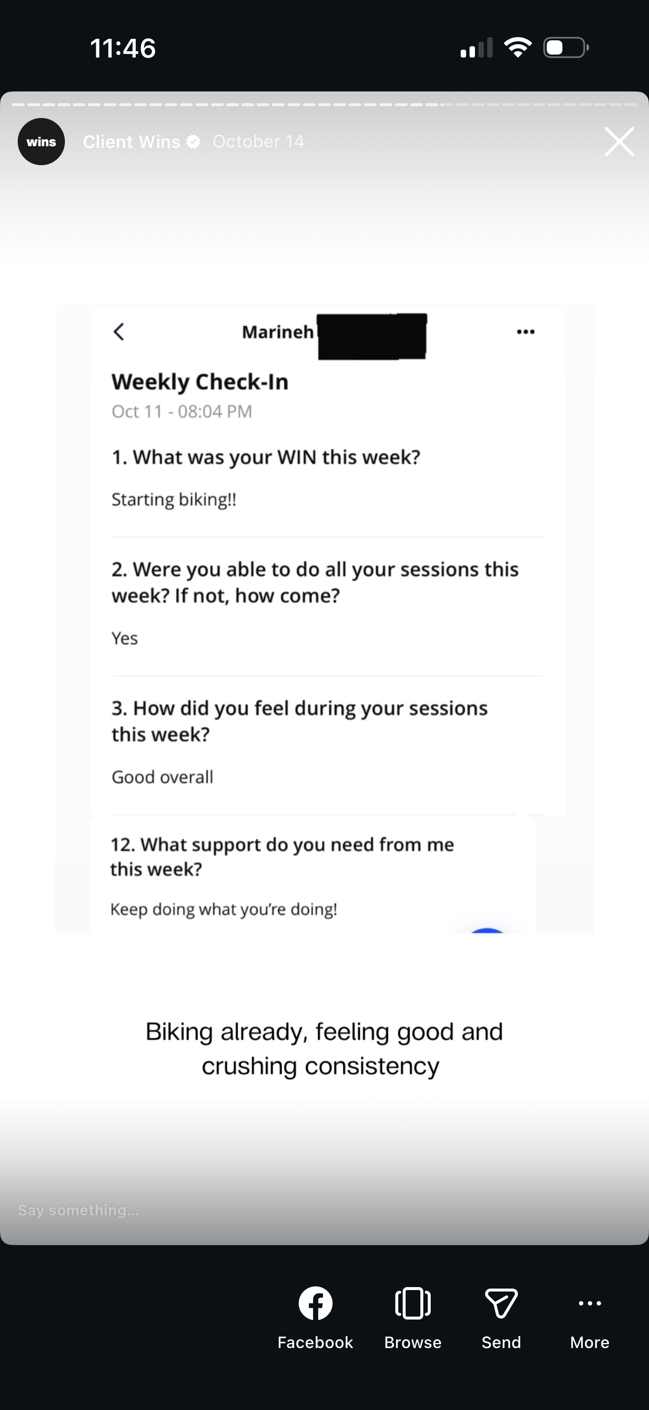 Screenshot of a weekly check-in form with questions and answers about biking progress, including starting biking, session completion, feelings about sessions, and support needs, along with a note about feeling good and crushing consistency.