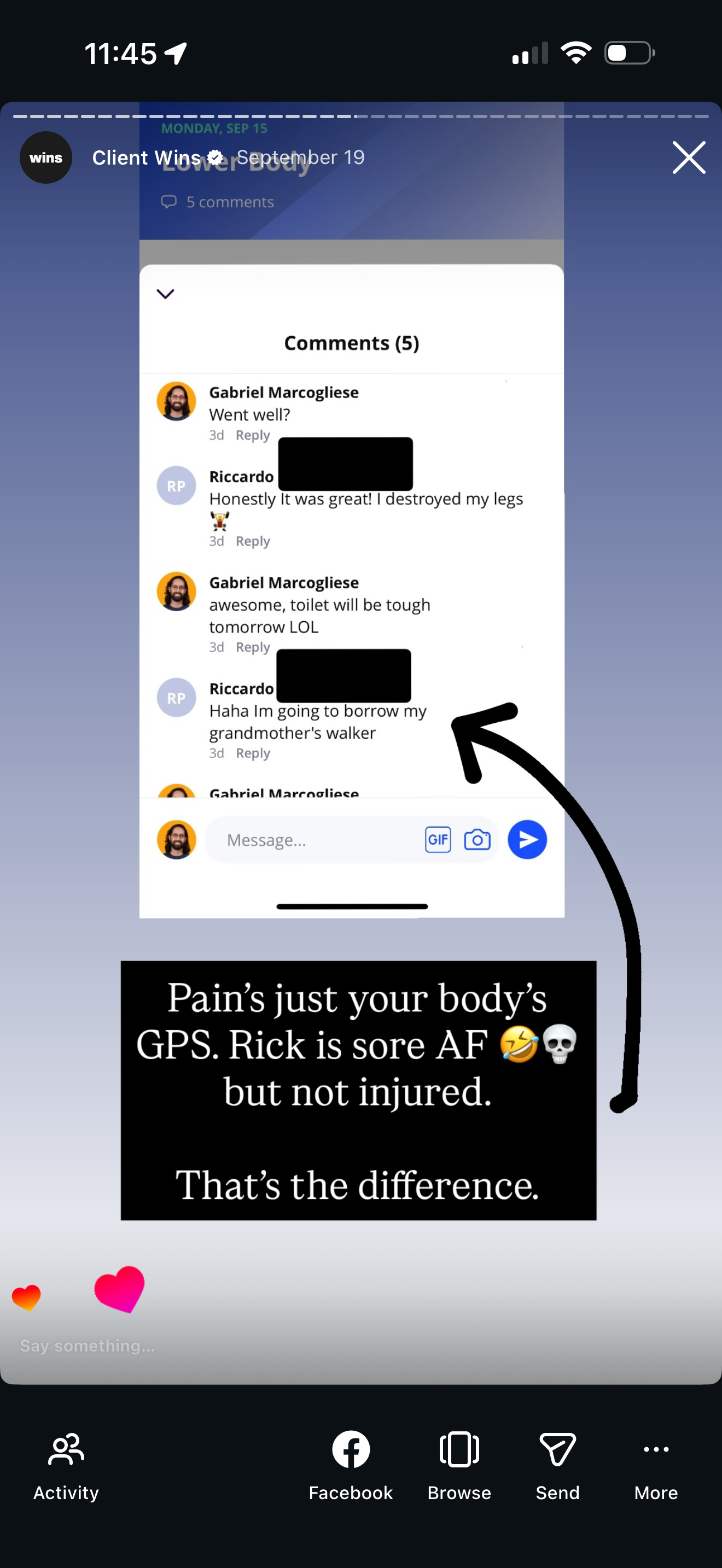 A screenshot of a Facebook comment thread discussing an incident involving the person named Rick, who hurt his legs and is using his grandmother's walker for mobility, as explained in a message overlay explaining Rick experienced pain but was not inj