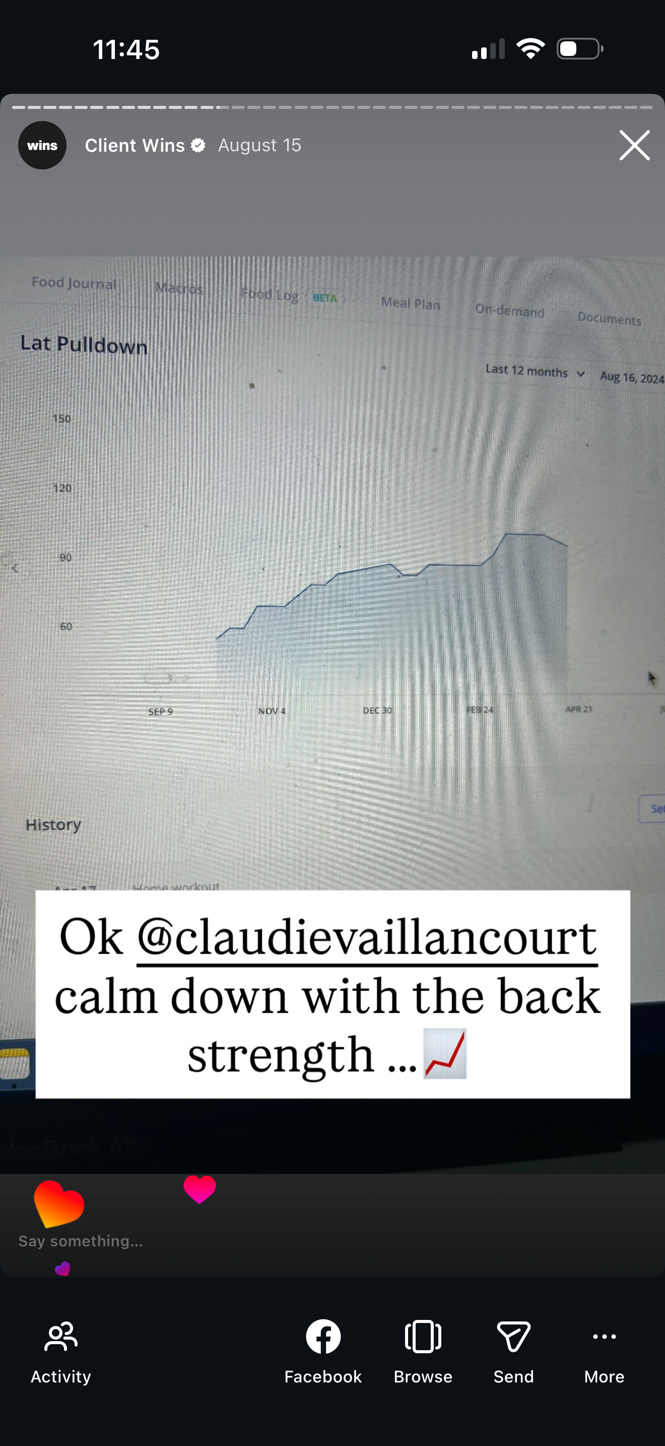 Screenshot of a computer screen showing a graph of weight loss progress over 12 months. Overlayed text reads: 'Ok @claudievaillancourt calm down with the back strength ...' with a rising arrow emoji.