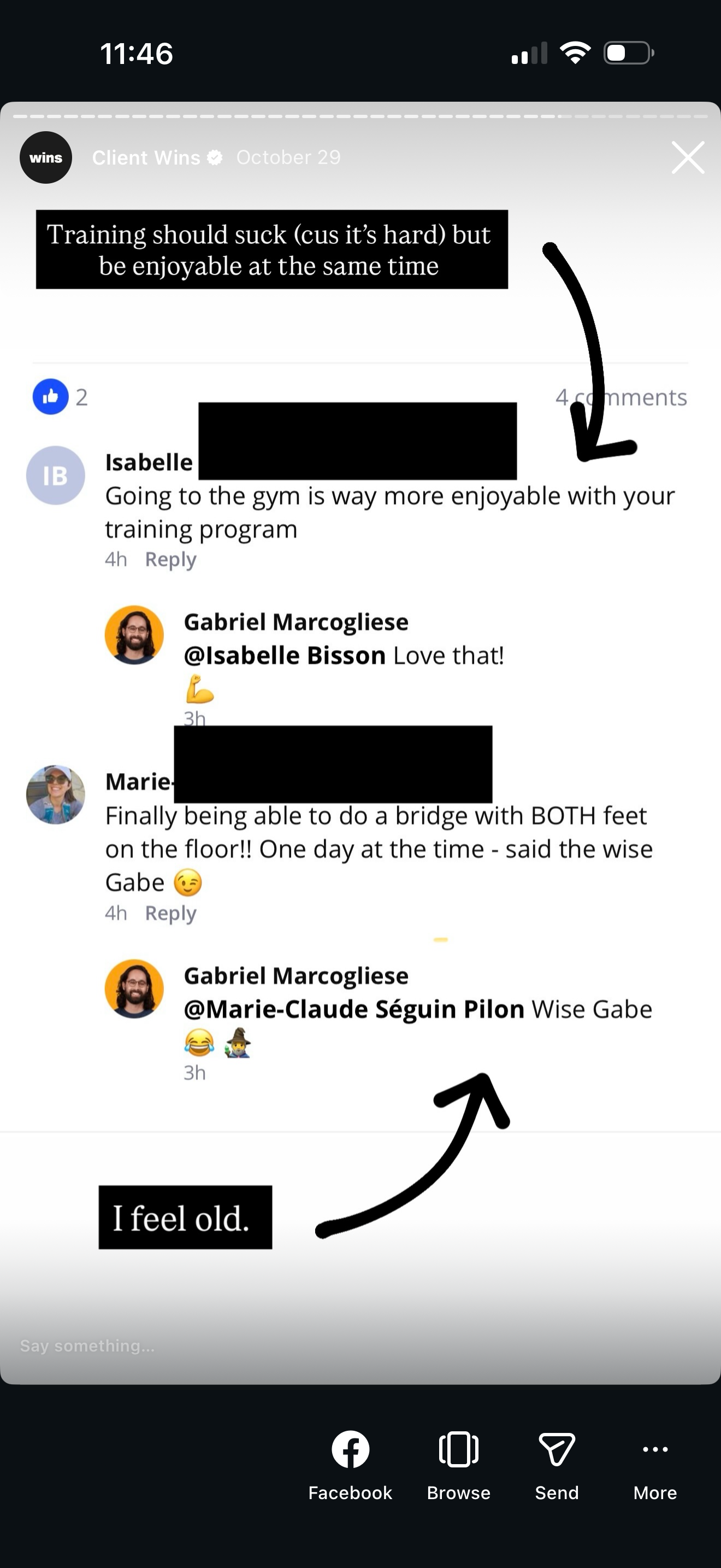 Screenshot of a social media post with comments about enjoying training and achieving a difficult physical milestone, such as doing a bridge with both feet on the floor. Handwritten notes indicate feelings of aging.