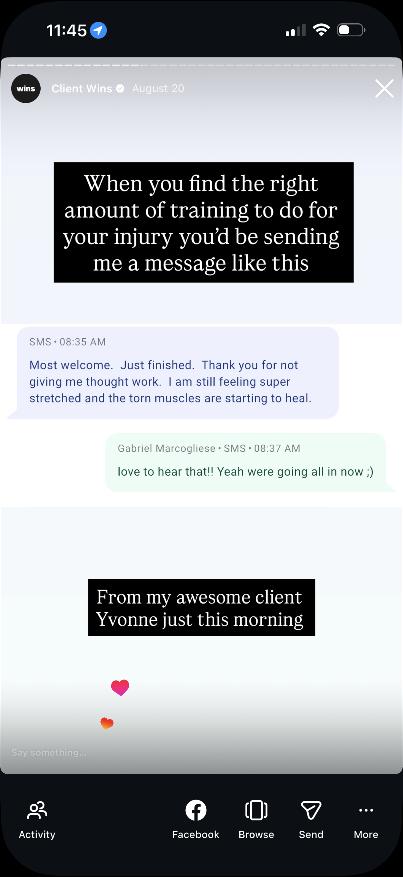 Screenshot of a messaging app conversation, with black text on a white background, featuring messages from a client about their recovery process, and a message from the trainer thanking the client.