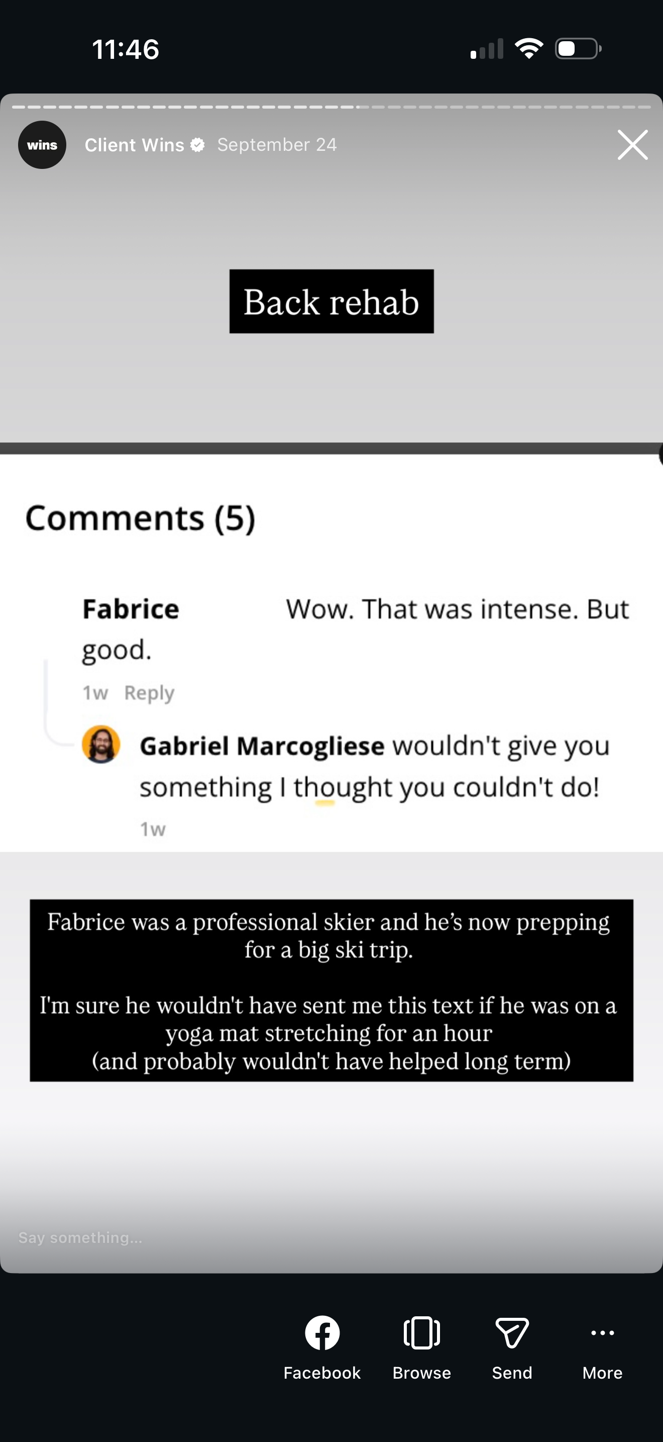 Social media post with a black and gray background, displaying the message 'Back rehab' in black text on a black rectangle. Below are comments discussing Fabrice, a former skier, preparing for a ski trip, with mentions of intense training, yoga, and 