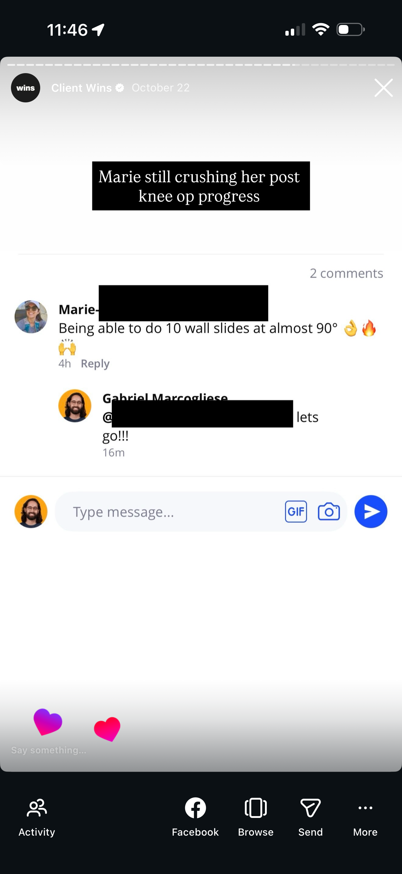 Text post from social media about enhanced post knee surgery progress, expressing achievement of doing 10 wall slides at almost 90 degrees, with comments celebrating the progress.