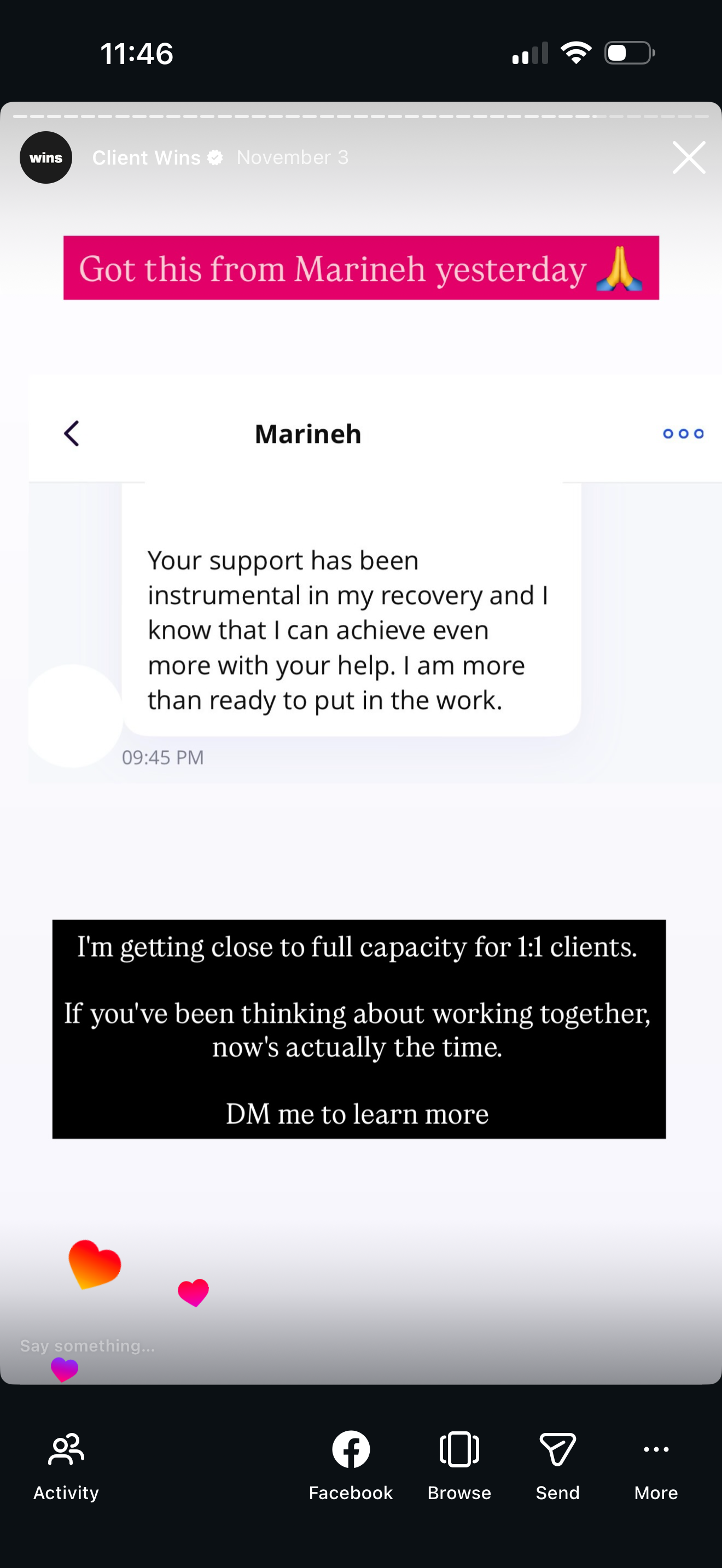Screenshot of a message thread with a client named Marineh, expressing gratitude and support for the help received. The message includes a note about being close to full capacity for 1:1 clients and invites others to DM for more information. The top 