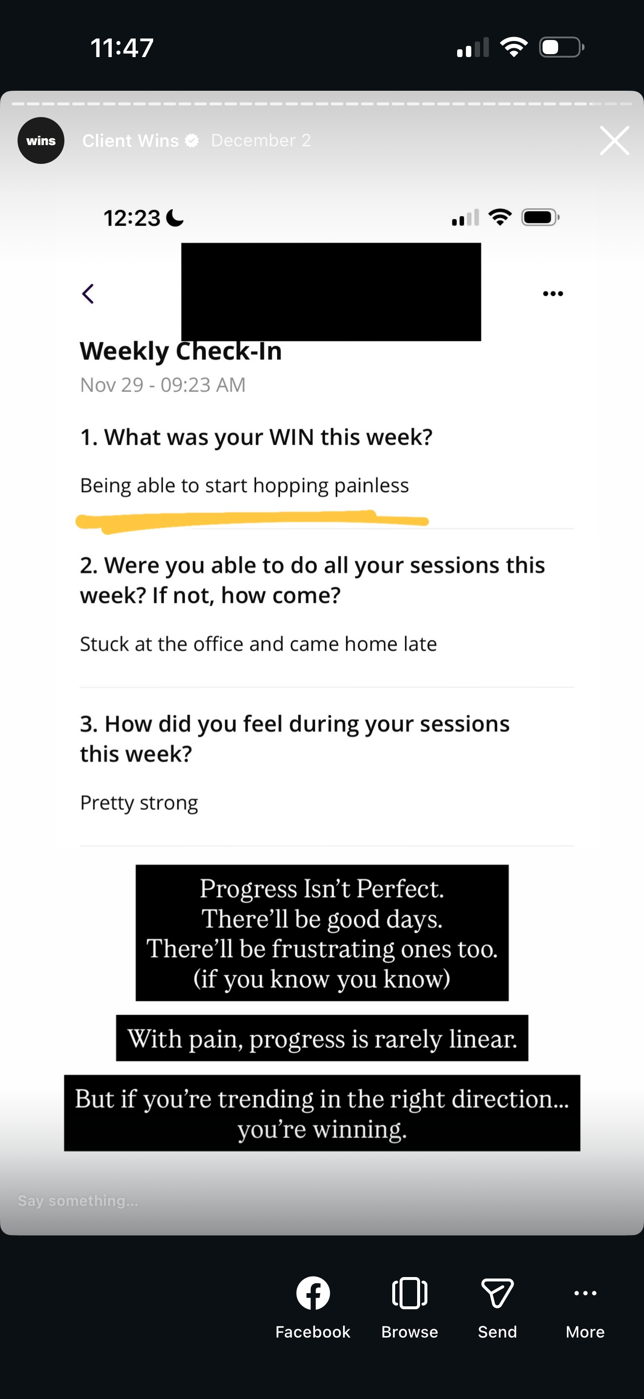 Screenshot of a weekly check-in form on a phone screen with questions about progress, including responses about reducing pain during hopping, attendance, and feelings during sessions, along with motivational quotes about progress and pain.