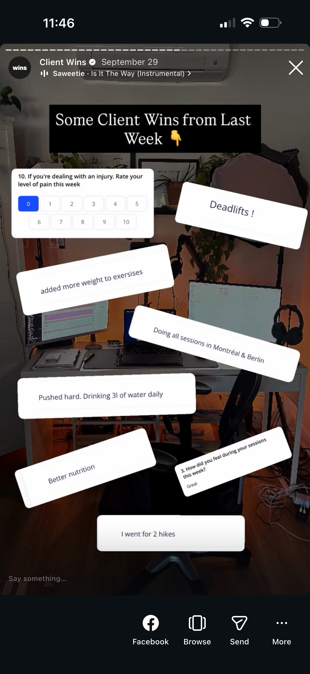Screenshot of a computer desk with multiple monitors, a keyboard, and headphones, overlaid with text and responses sharing client wins from the past week.