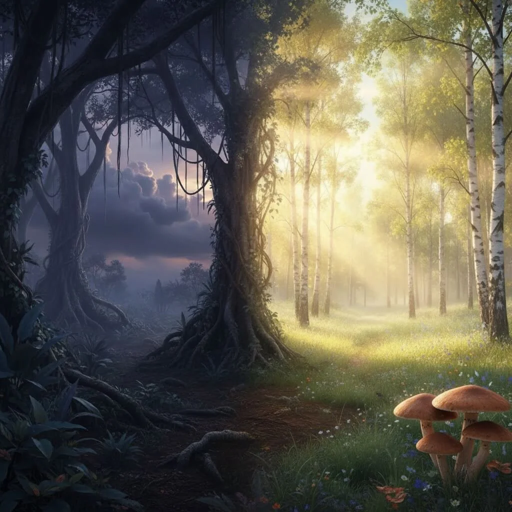 Forest scene symbolizing psilocybin and ayahuasca
