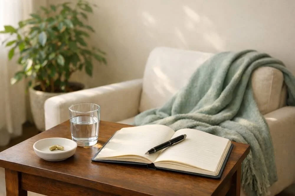 Journal, glass of water, and psilocybin microdosing capsules