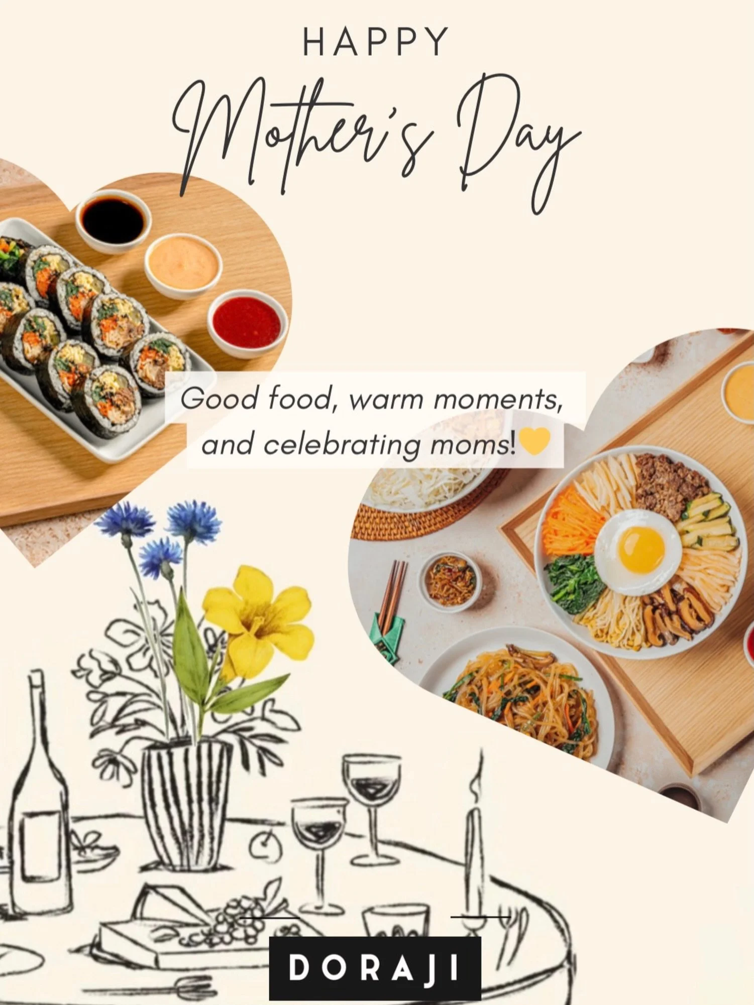 Celebrating all the amazing moms!💐 Happy Mother&rsquo;s Day from all of us at DORAJI! We are open during regular hours✨ #koreanfoods #bibimbap #torontofood #mothersday #thewell