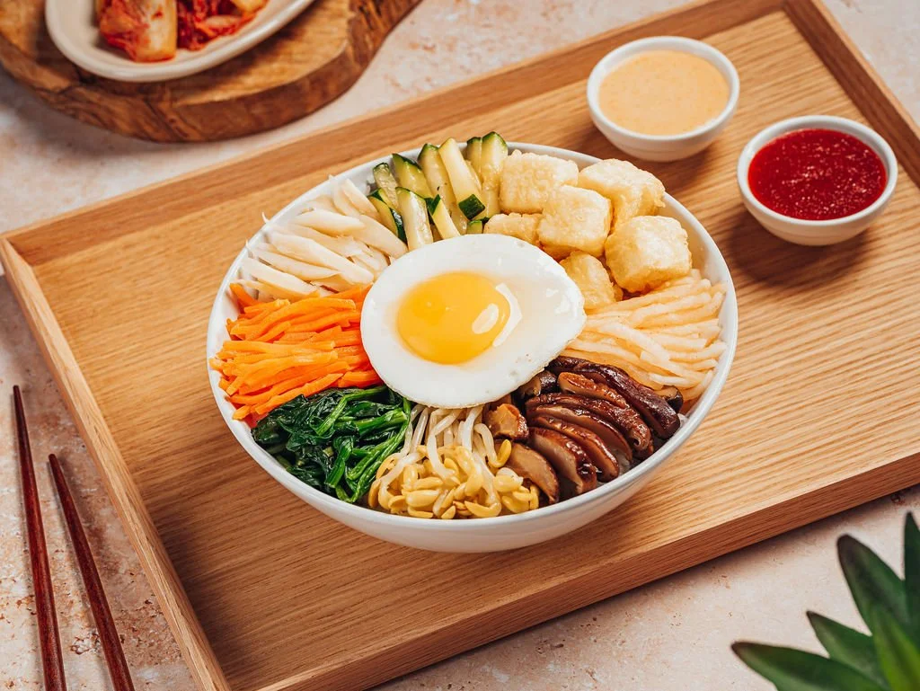 Doraji fried tofu bibimbap, a vegetarian Korean catering option