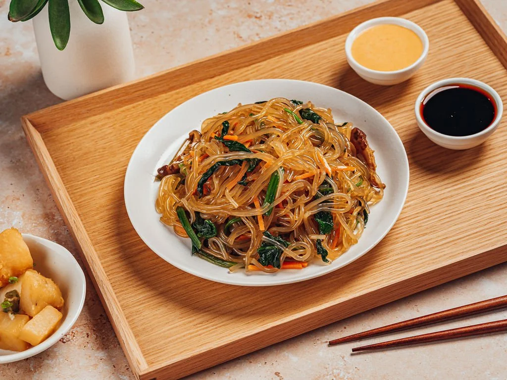 Doraji japchae glass noodles with vegetables, a Korean catering side dish