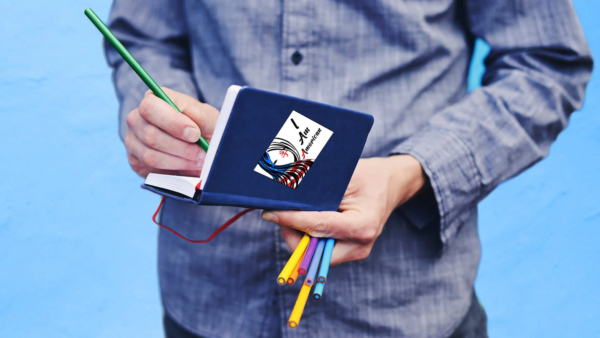 I Am American Sticker on a journal mockup
