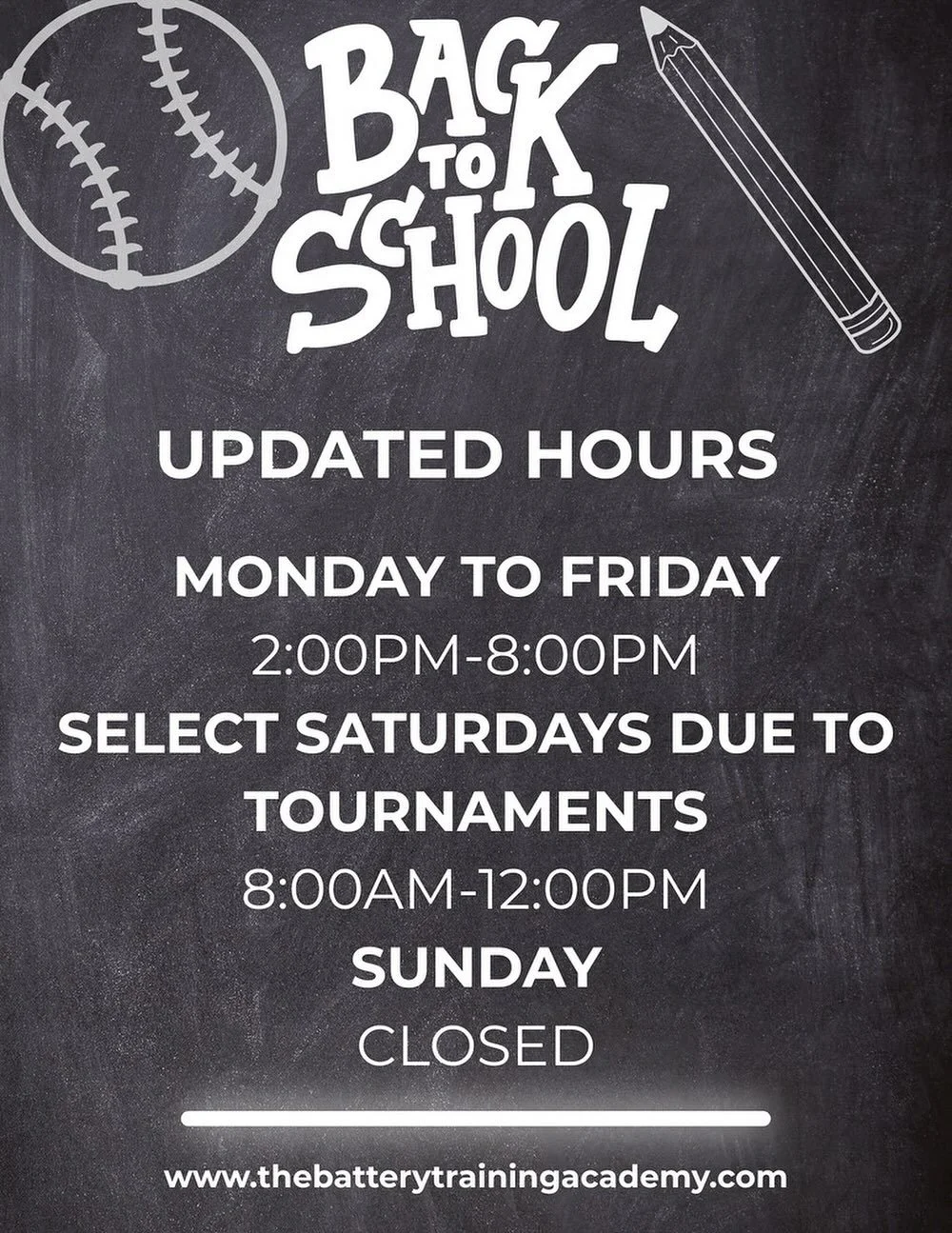 UPDATE: We will be changing our Hours of Operation starting Tuesday, August 12th! 

We hope everyone has a great school year and looking forward to the Fall!🔋⚾️