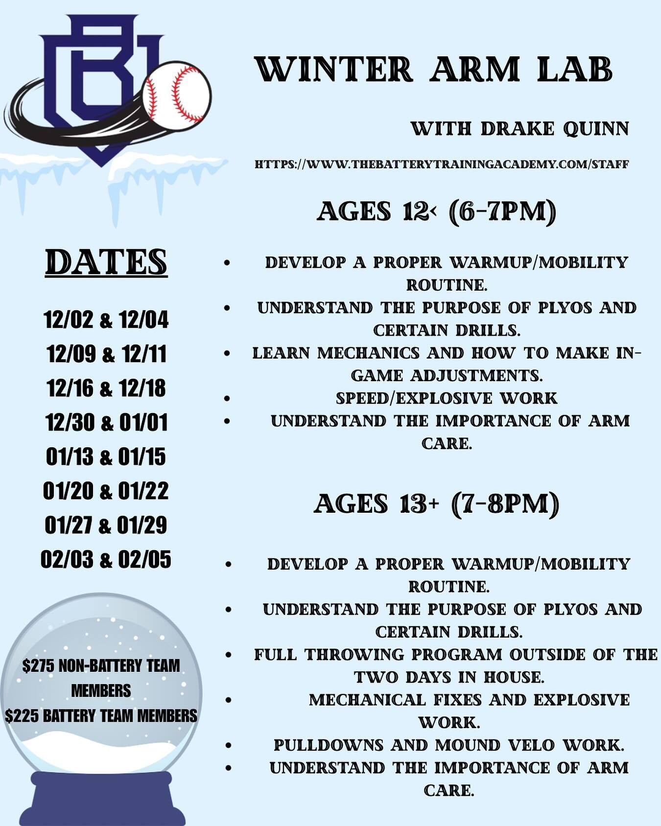 &lsquo;Tis the season for arm care💪🏼❄️

Join us this offseason for our 8 week long program!

Contact 980-396-5769 to sign up 🔋