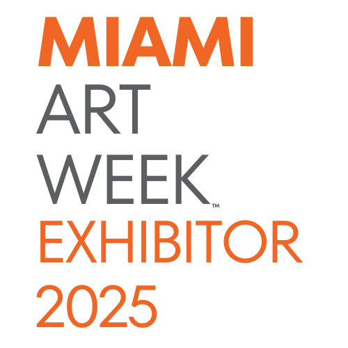 Miami Art Week Exhibitor 2025 poster with bold orange and gray text.