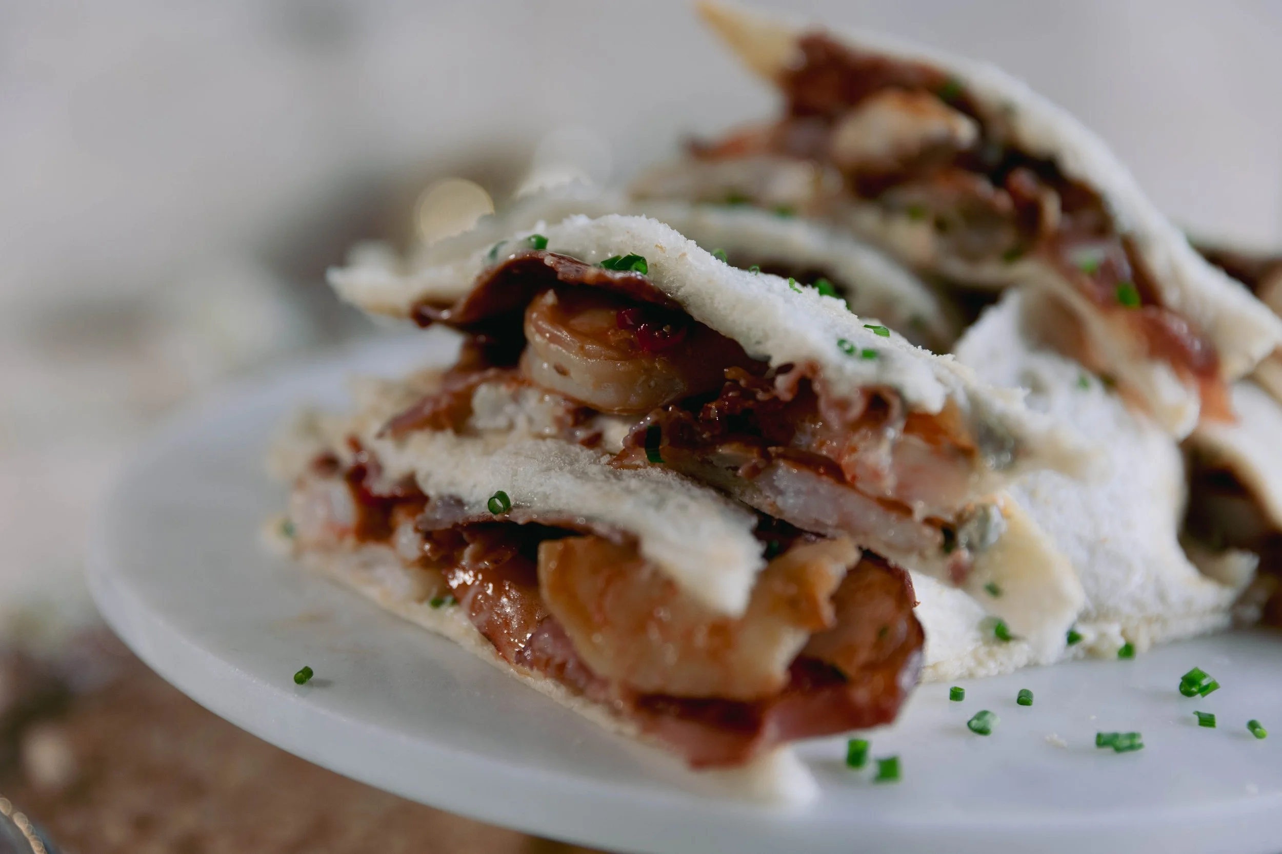 Chilli & Lemon, pancetta and Prawn tramezzini (finger sandwiches)