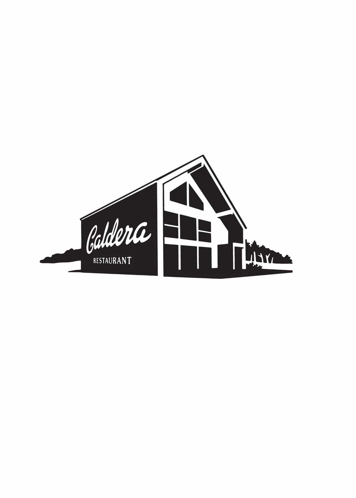 Black and white logo of a building with the words 'Caldera Restaurant' written on it.