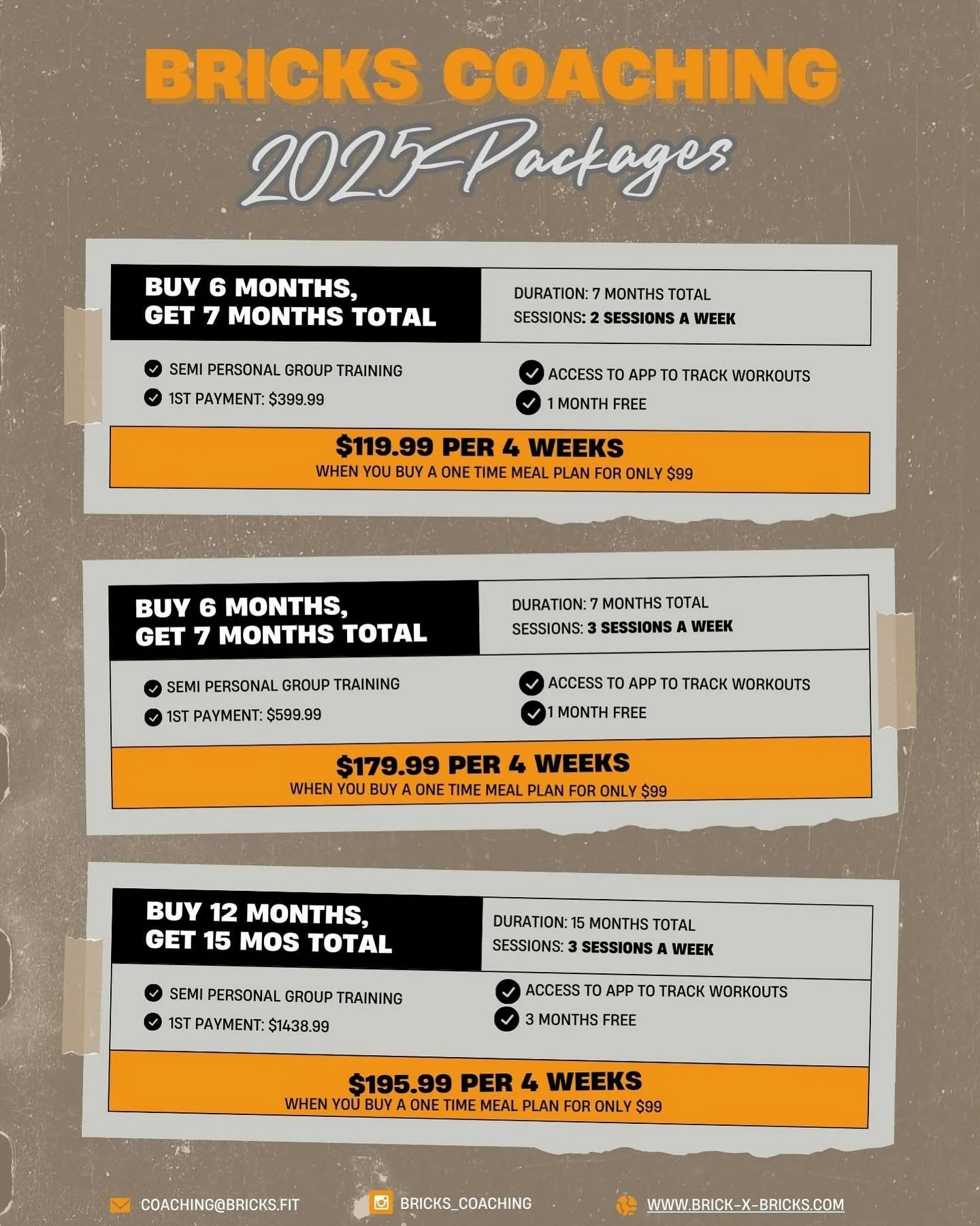 Happy 1st of December! Last month of 2024! Man this year flew 💨 by! With that here are our pricing packages for 2025 for our group training classes!
Buy 6 months, get 7 months total (1 month free)
Buy 12 months, get 15 months total (3 MONTHS Free)