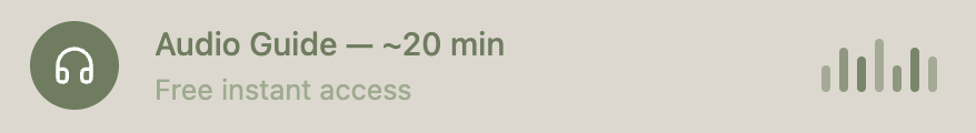 Audio guide icon with headphones, text indicating a 20-minute duration and free instant access, plus signal strength bars and a sound wave icon.