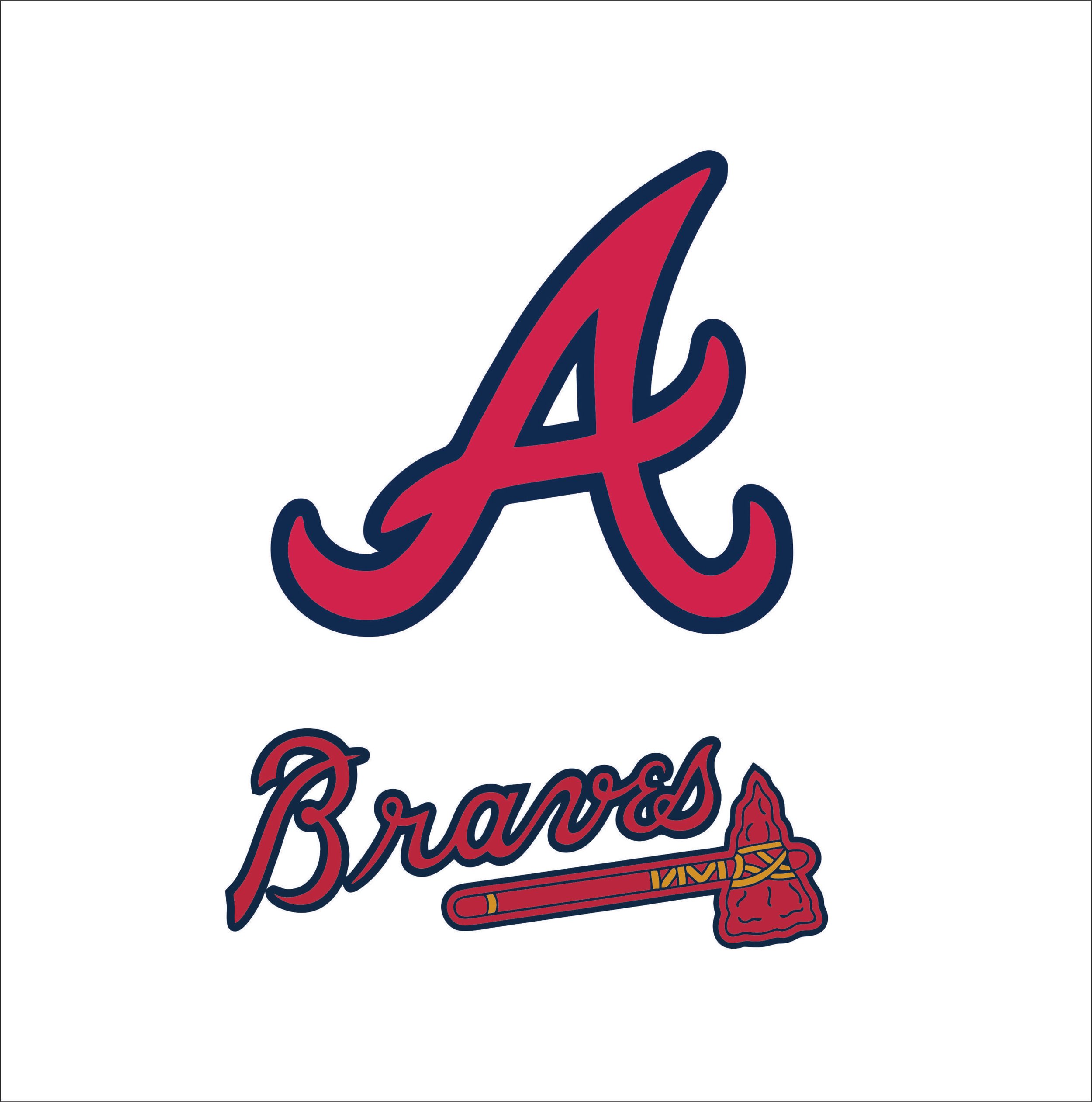 Atlanta Braves logo with a large red letter 'A' outlined in navy blue, and the word 'Braves' written in cursive below, with a tomahawk underneath the text.