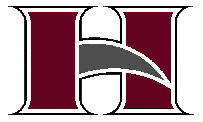 Close-up of a logo featuring a large, stylized letter 'H' with maroon, gray, and white colors.