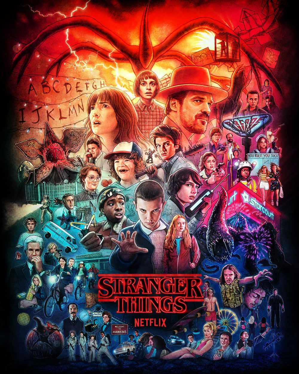 A colorful collage poster for the TV series 'Stranger Things' featuring main characters, creatures, and scenes from the show, with the title and Netflix logo at the bottom.