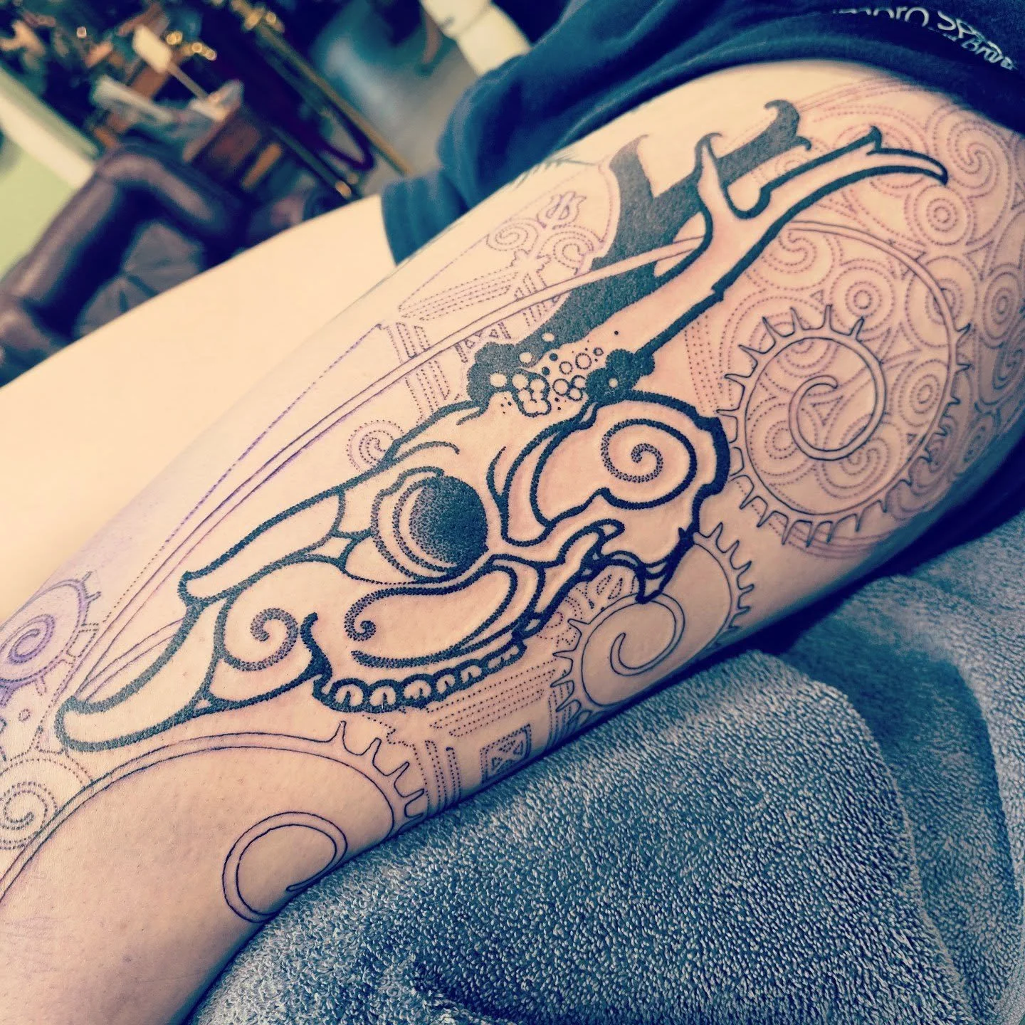 Work in progress on Emma's scottish pict inspired leg sleeve.