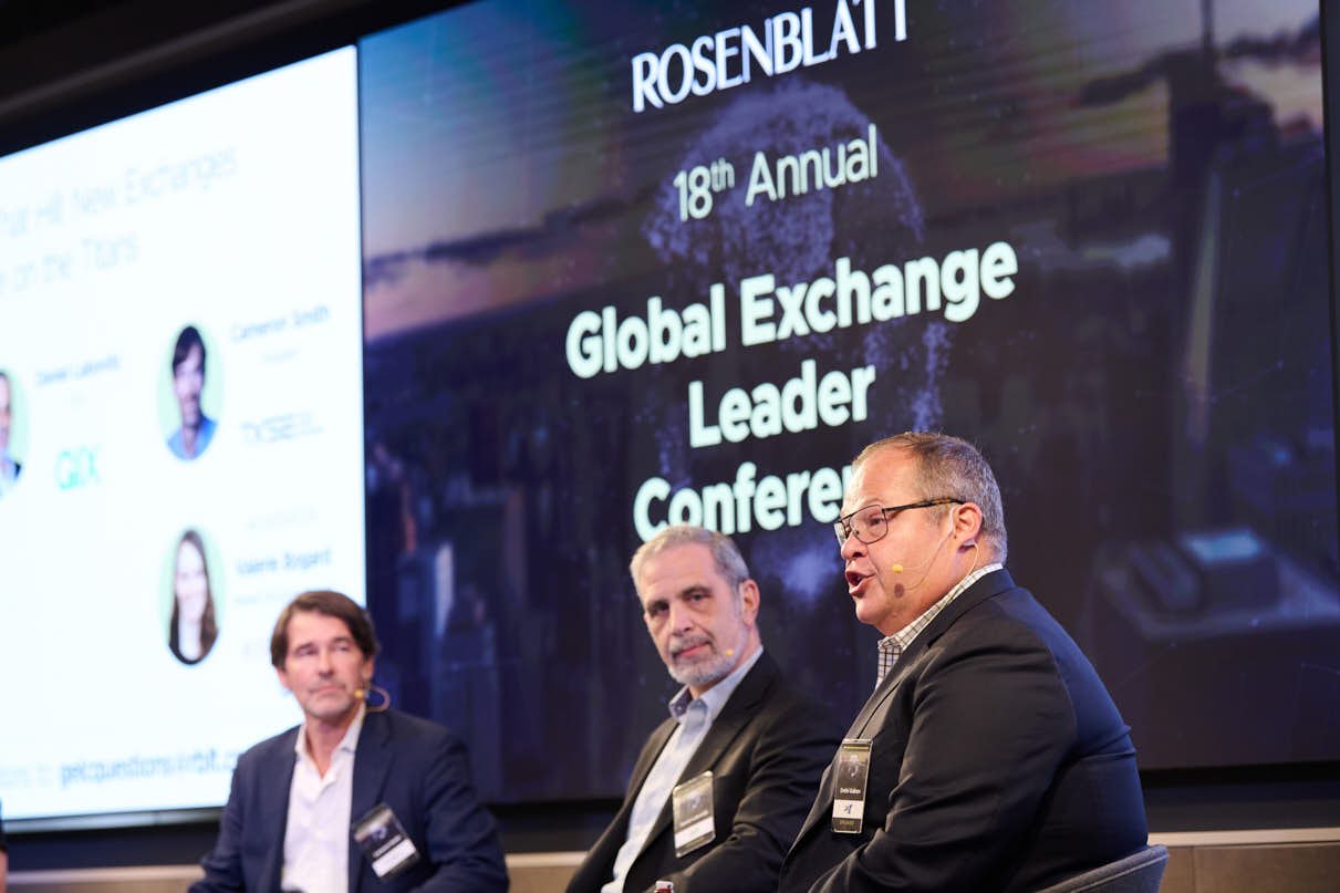 A panelist speaking at the global exchange leader conference