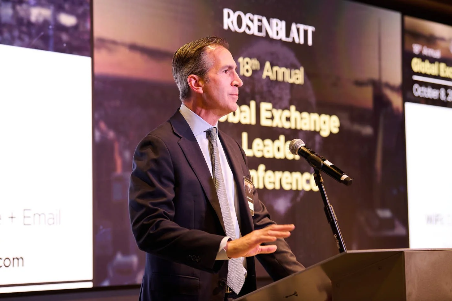 Joe Gawrosnki onstage at the Rosenblatt Global Exchange Leaders Conference