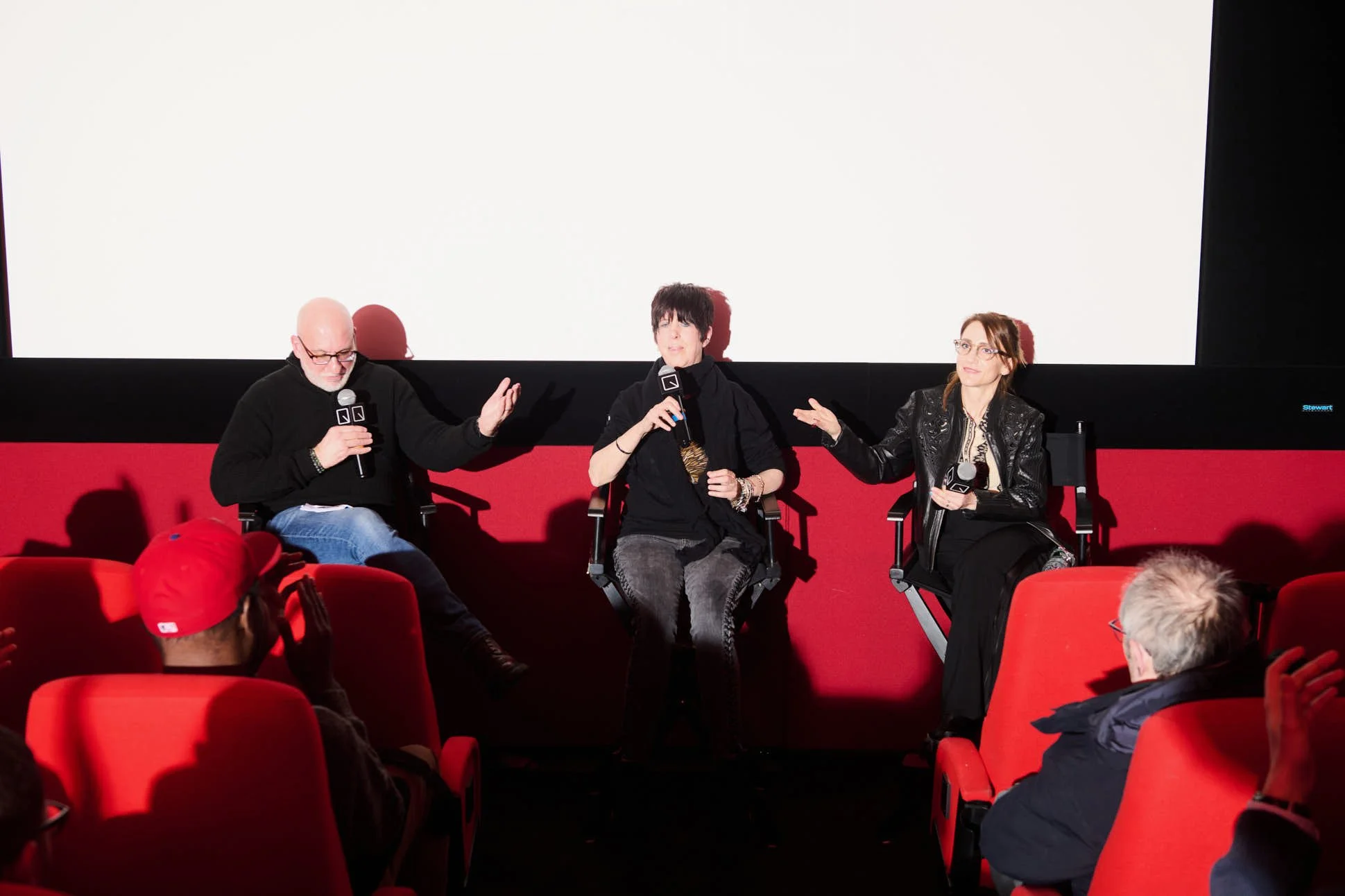Diane Warren and Bess Kargman chatting in a discussion panel at The Quad cinema about Relentless, a Diane Warren documentary