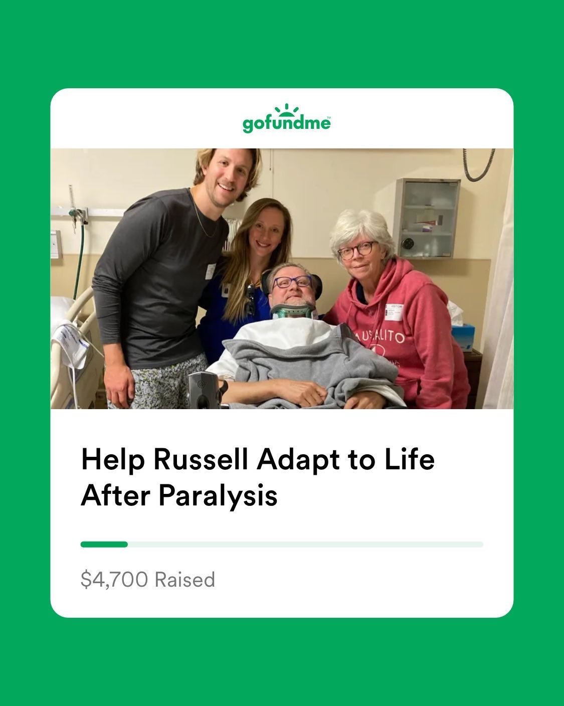 Hi friends. I&rsquo;m asking for you to donate to and share my dad&rsquo;s GoFundMe page.

https://gofund.me/06b0e4fa

A few weeks ago my dad, Russ, suffered a severe accident that has left him paralyzed from the chest down. 

The past few weeks have