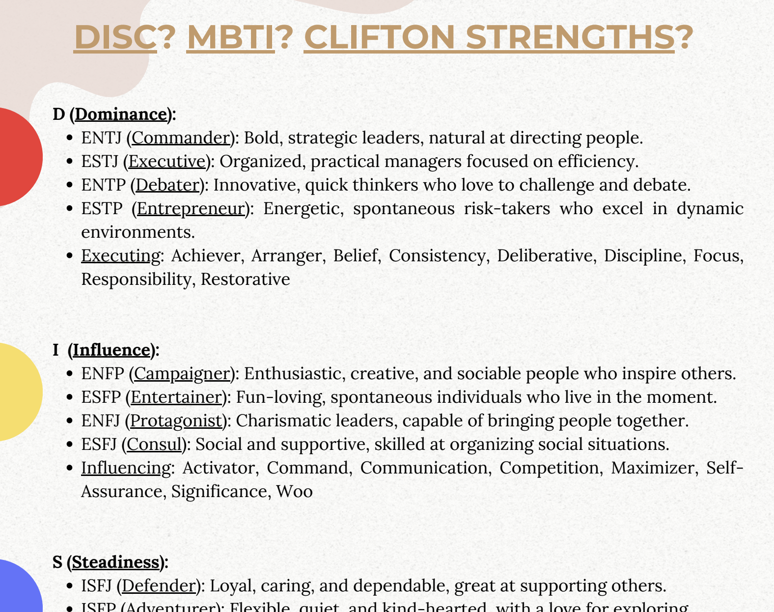 A personality test comparison for NZ - DISC/ MBTI/ CLIFTON