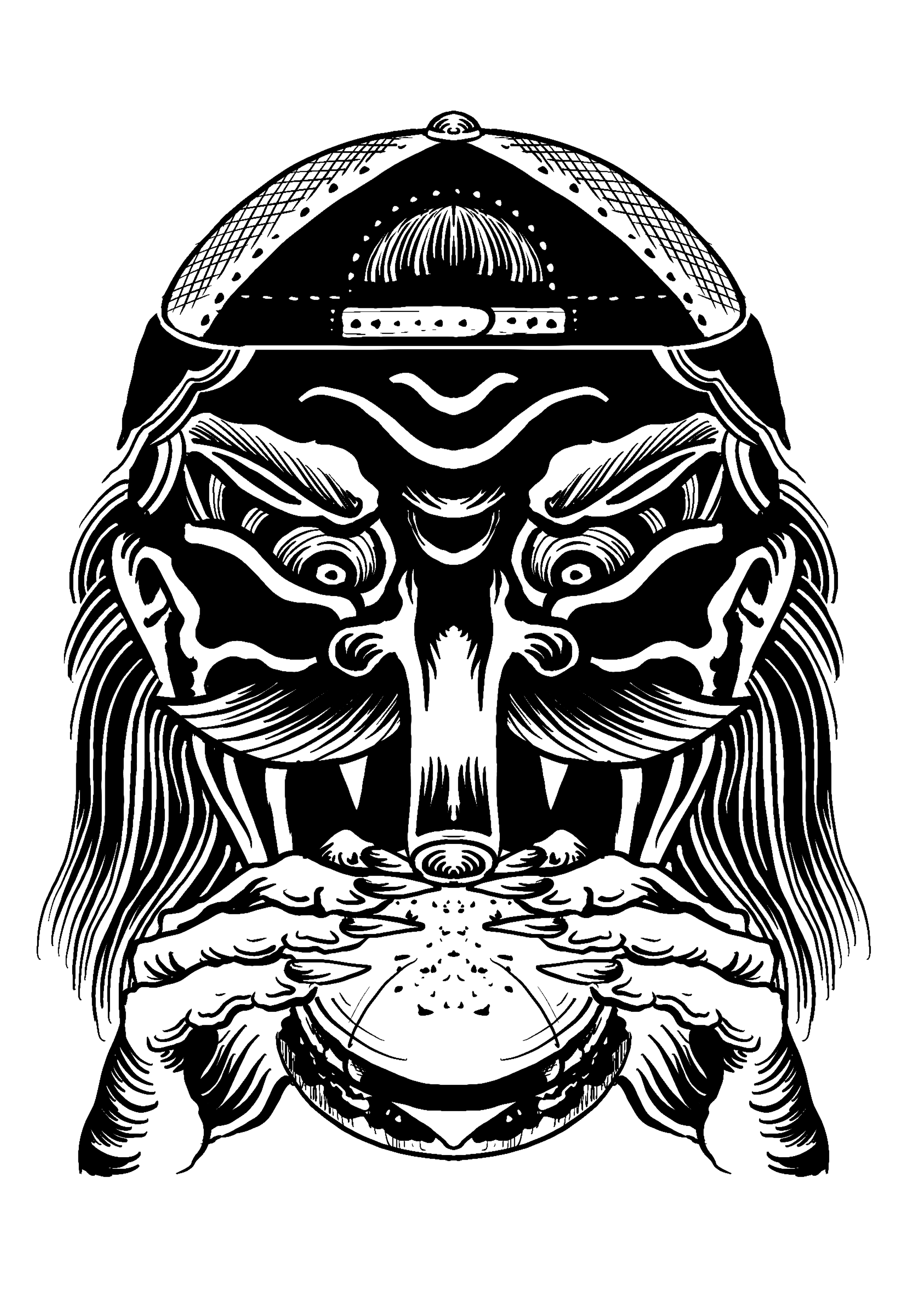 Line art illustration of a menacing face with exaggerated features, detailed lines, and a dark background.