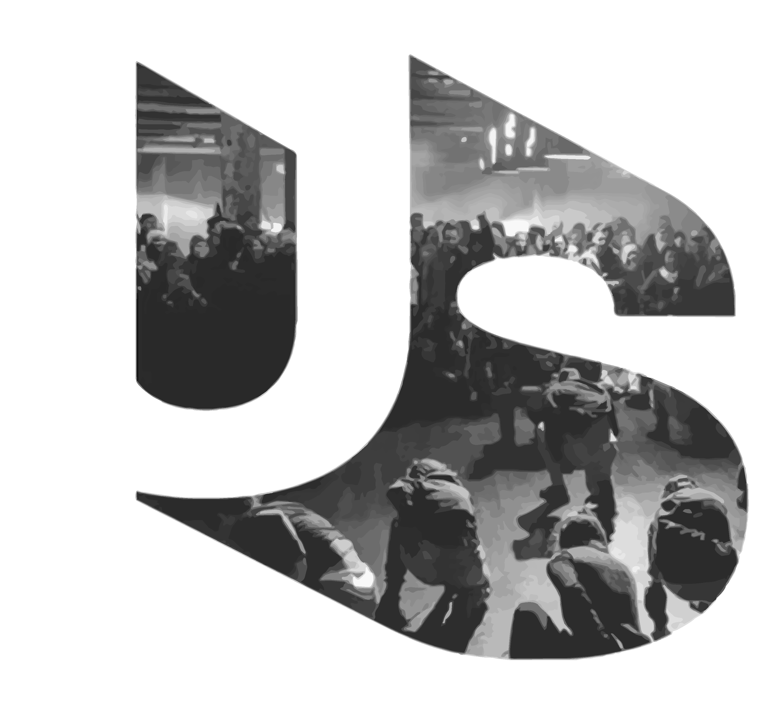 Black and white, pixelated photo of a handshake between two people, with a group gathered around them in the background.
