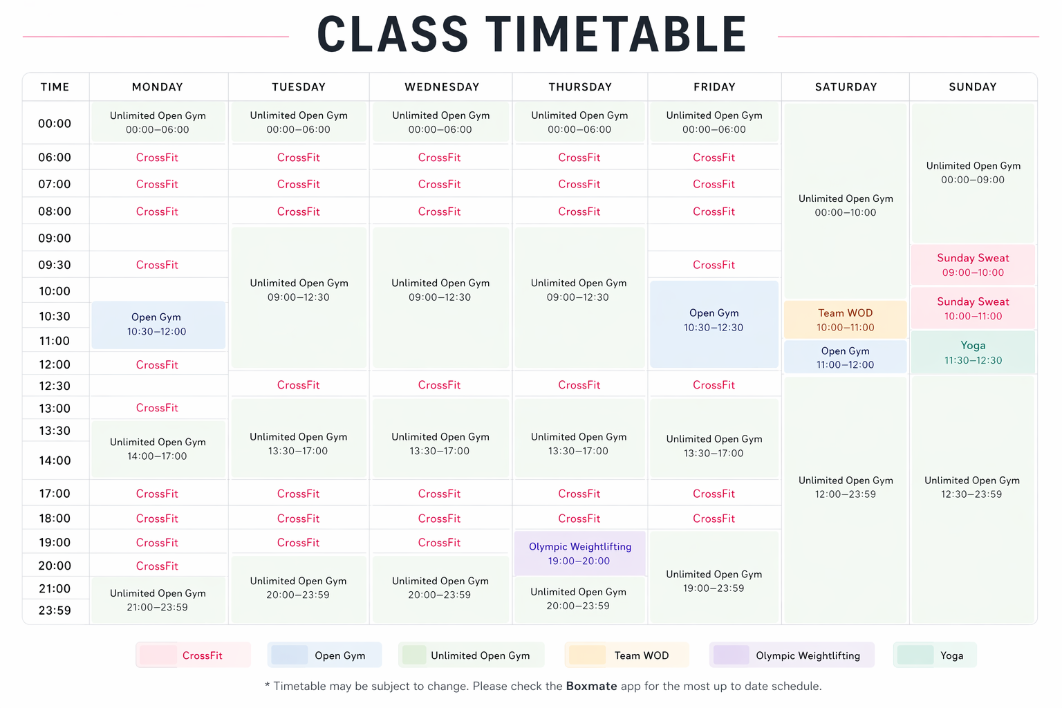 A weekly gym class timetable showing classes from Monday to Sunday. The schedule includes CrossFit, Open Gym, Unlimited Open Gym, Team WOD, Olympic Weightlifting, and Yoga, with specific times and durations.