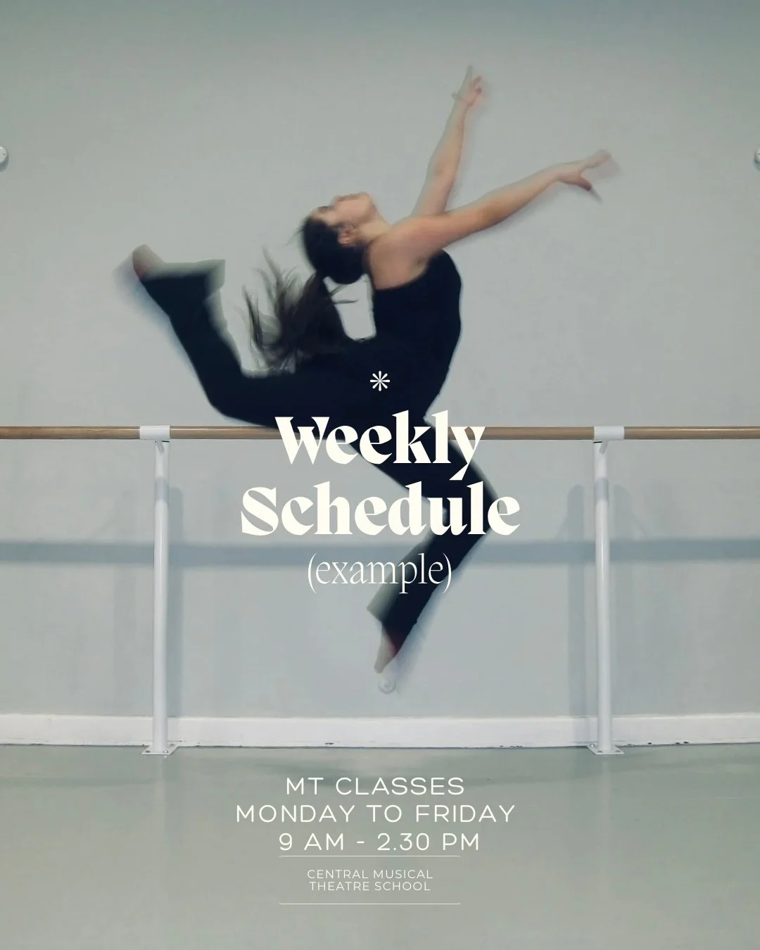 Do you want to study Musical Theatre 5 days a week? 🩰🎭🎵

We change our schedule every week, adding different workshops and guest teachers &mdash; always focusing on variety, stamina and a natural progression! 

This schedule is just 1 example. We 