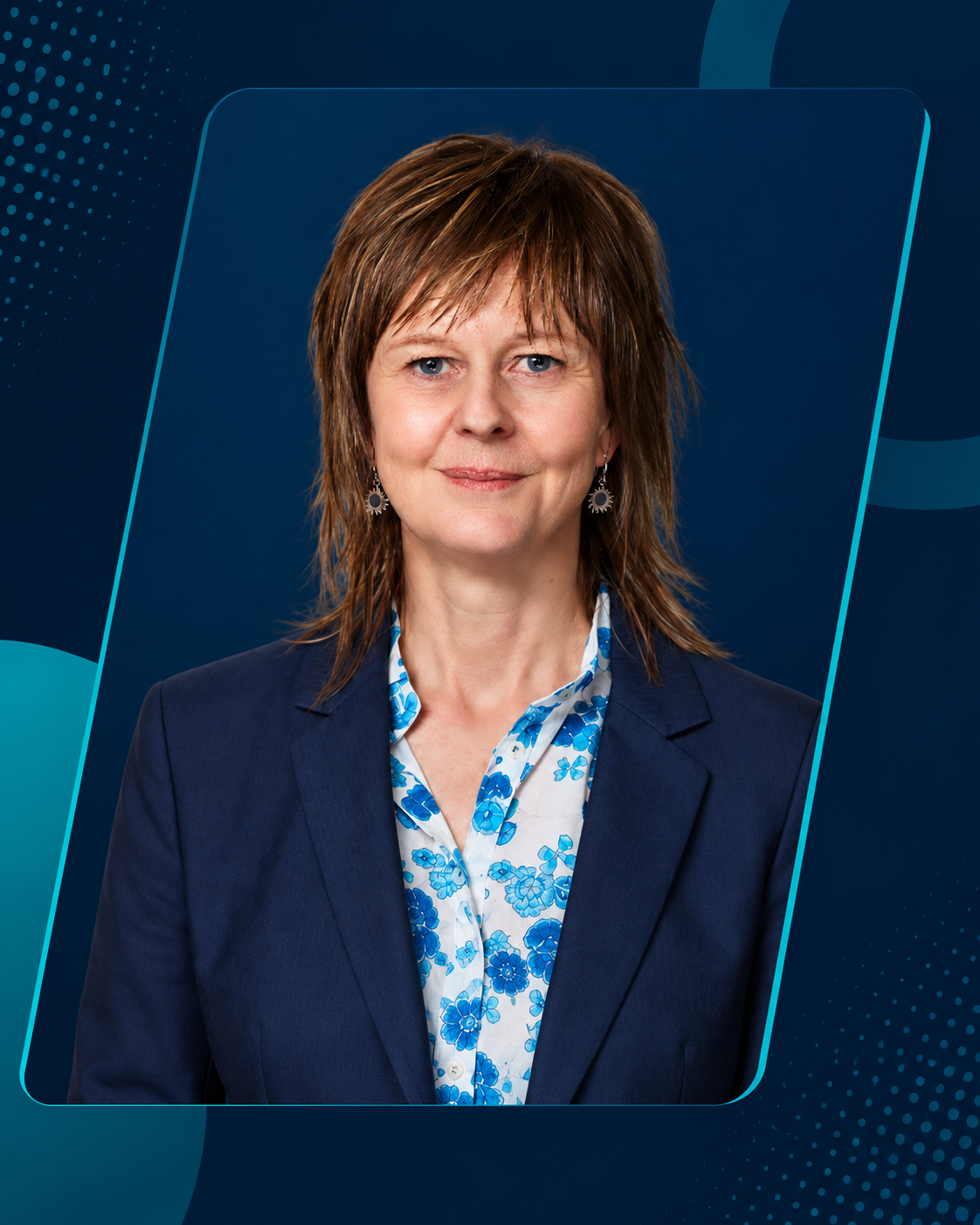 A headshot image of Dr Gabrielle Kuiper on a blue background