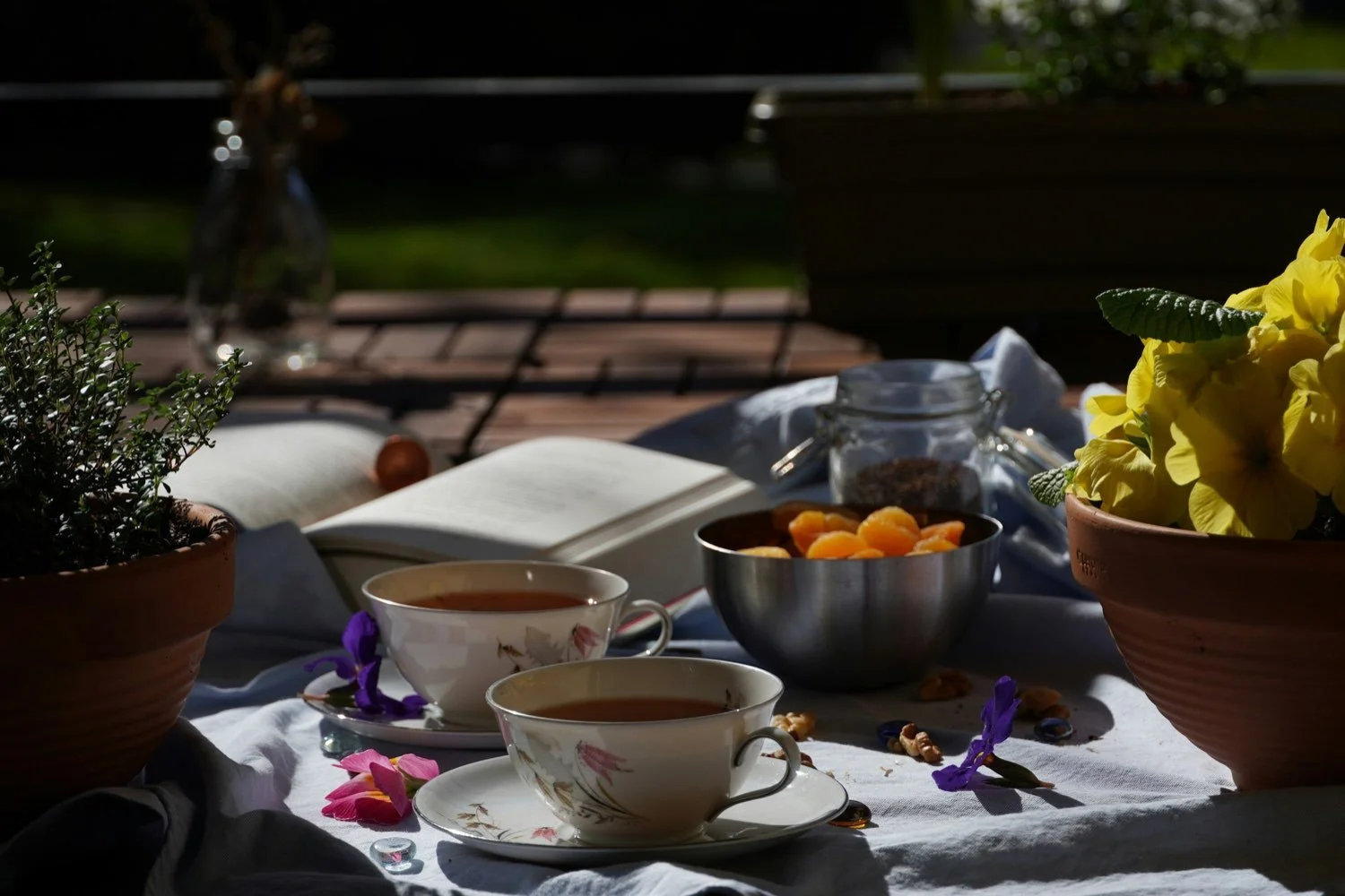 Tea for two on a garden table with a book and spring flowers