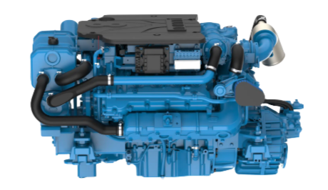 Een blauwe scheepsmotor van het merk Nanni met zwarte en grijze onderdelen.