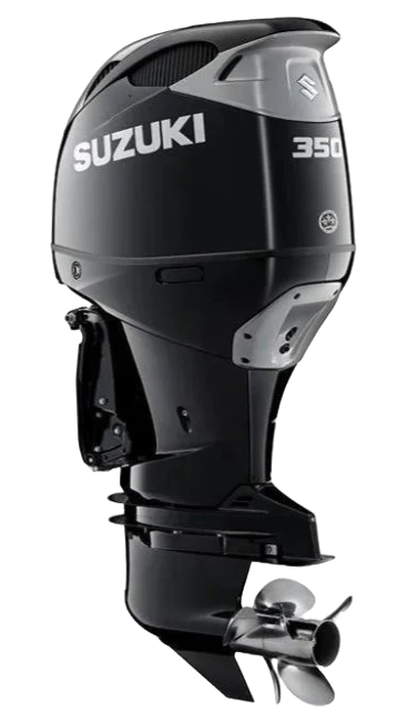Suzuki 350 pk buitenboordmotor in zwart en zilver kleuropstelling.