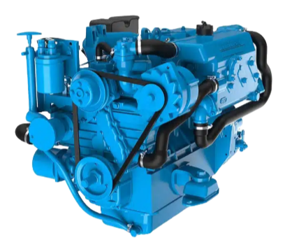 Een blauwe scheepsmotor van het merk Nanni.