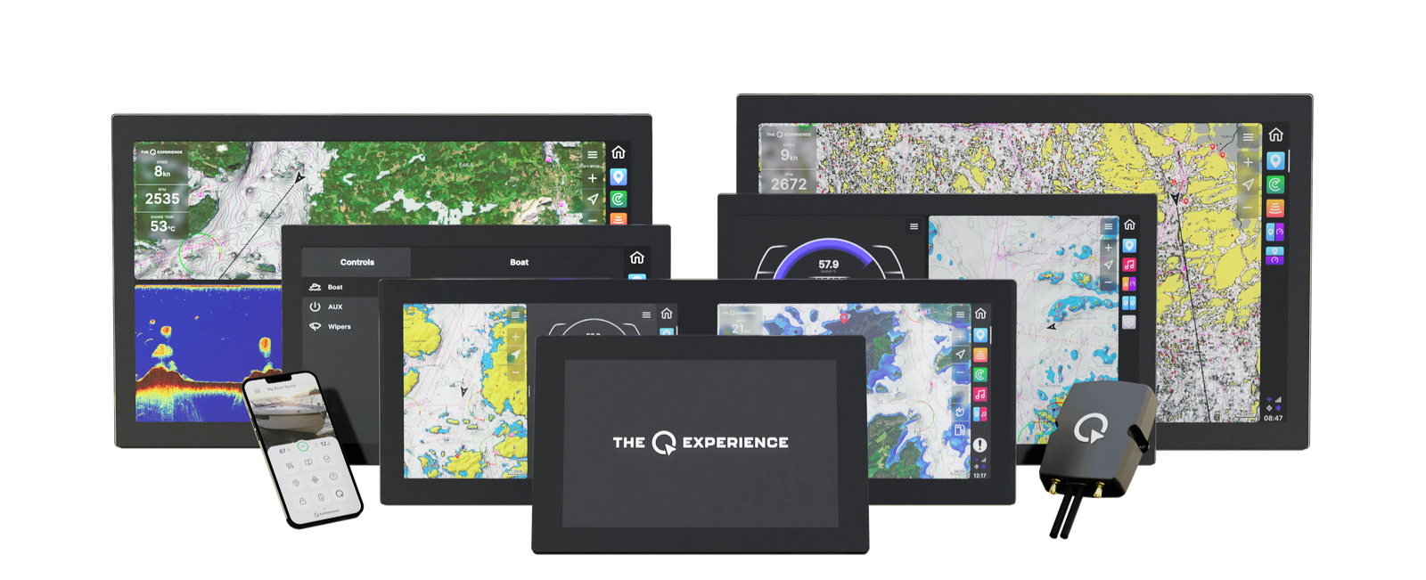 Verschillende elektronische navigatie- en controlepanelen en een smartphone met navigatie-app.