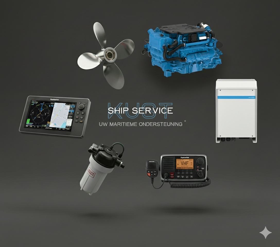 Afbeelding met verschillende maritieme apparatuur zoals een roer, motor, gps, filter, communicatiesysteem en een controlepaneel, gerelateerd aan scheepvaartondersteuning.