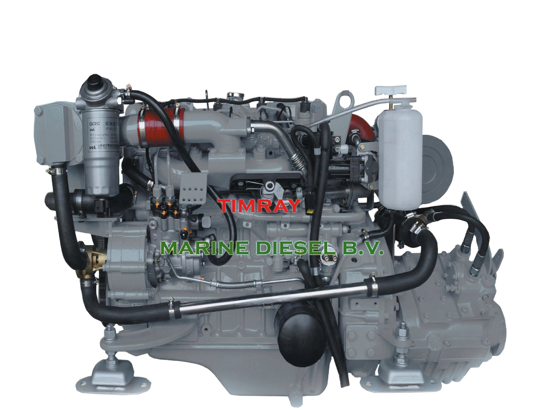 Een marinedieselmotor met de tekst 'TIMRAY' in rood en 'MARINE DIESEL B.V.' in groen eroverheen.