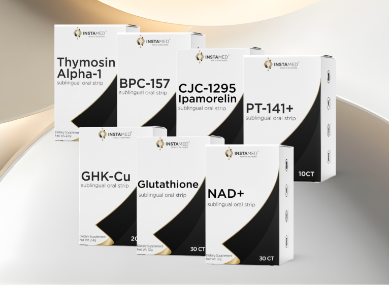 Multiple boxes of dietary supplement sublingual oral strips from Instamed, labeled with ingredients like Thymosin Alpha-1, BPC-157, CJC-1295 Ipamorelin, PT-141+, GHK-Cu, Glutathione, and NAD+ displayed on a curved surface.