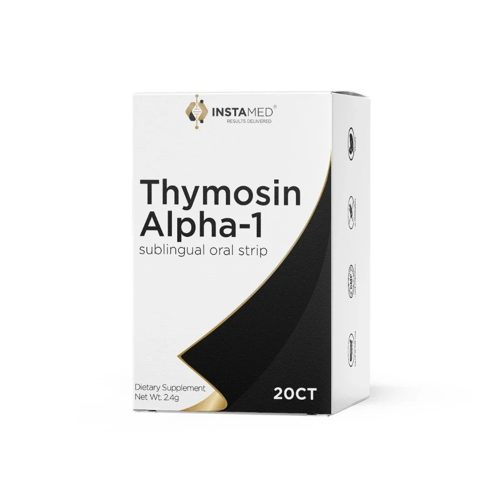 Box of Thymosin Alpha-1 sublingual oral strips by INSTA MED with black, white, and gold design.