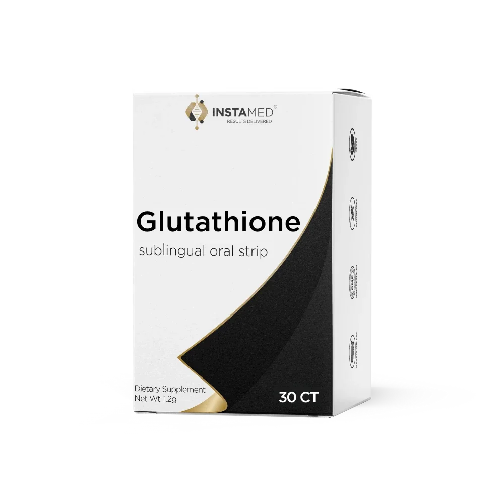 Packaging box for Glutathione sublingual oral strips, dietary supplement, 30 count, 1.2 grams, by InstaMed.