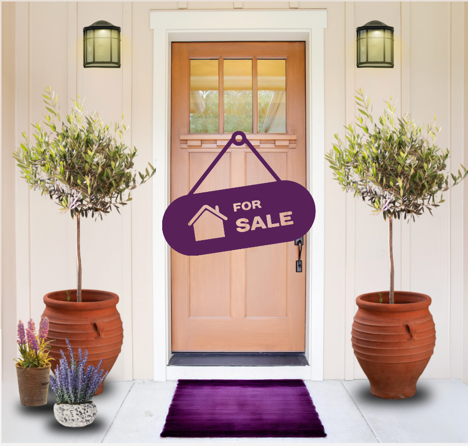 Modern living room interior with orange armchair, white pouf, indoor plants, gold accents, round mirror, and warm lighting.